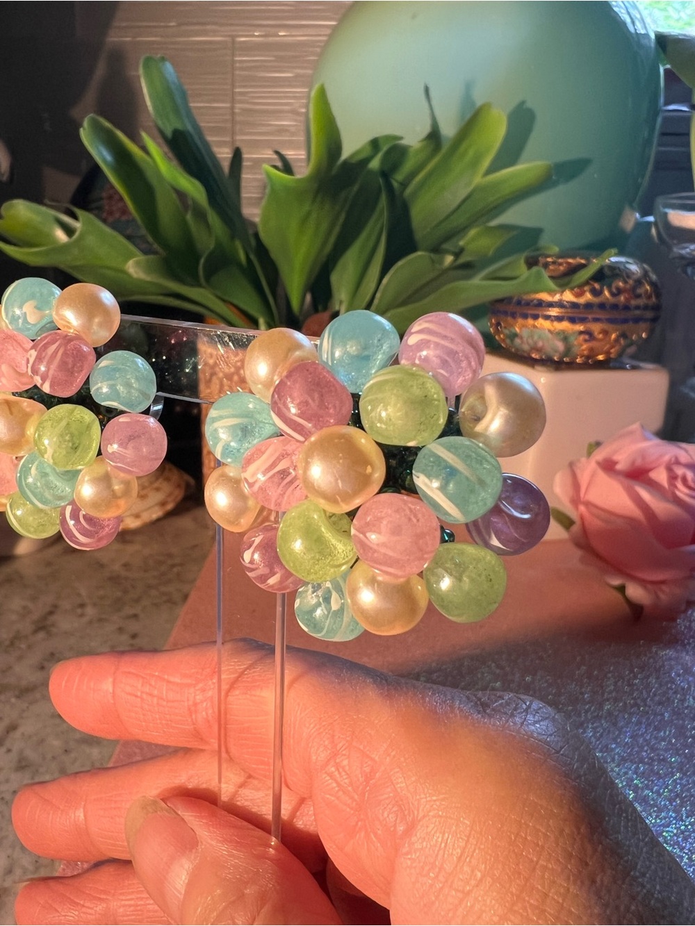 Vintage Pastel Cluster Bead Clip-On Earrings -price firm